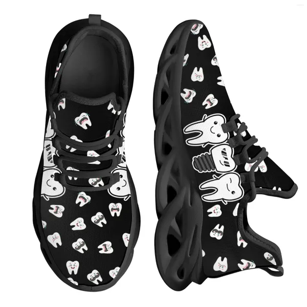 Lässige Schuhe Instantarts Cartoon Zahn schwarze Pattren Sneakers für Frauen Schnürflächen Zahnarzt atmungsaktive Frühling Frauenschuh 2024