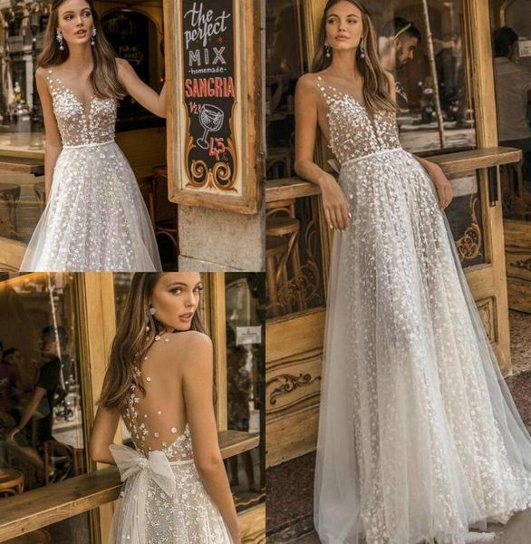 Muse by Berta 2020 Новые свадебные платья прозрачные шейные кружевные приспособленные свадебные платья A A Line Beach Boho Simple See Then Wedding Dress Wi4039007