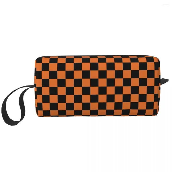 Aufbewahrungstaschen Orange und Schwarz karierte Muster Reisen Toilettenbeutel für Frauen Geometrische Plaid Make -up Kosmetische Schönheit Dopp Kit