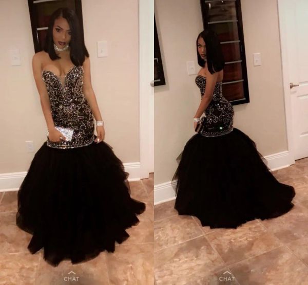 Abiti African Black Girl Mermaid Rhinestone Prom Dresss 2019 Bling Paufine Crystal Party Vest V Neck Sexy Formale Abiti da sera Graduat