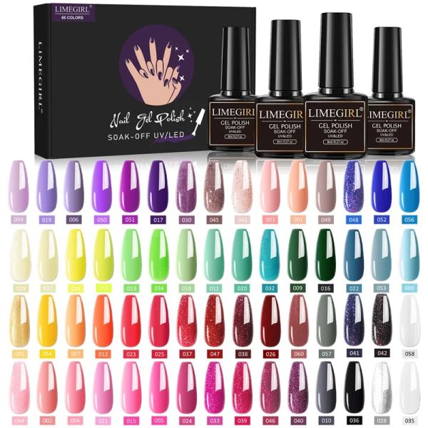 Gel LimeGirl Gel Malel Conjunto de esmalte Kit Pink Glitter Popular Primavera 60/40/24 Cores semi -UV permanente Led Gel Varnish Off Off Nail