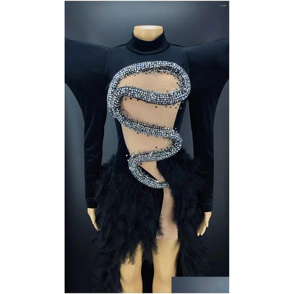 Stage Use Black and White Shining Snack Rhinestones Veet Casat Y Feather Long Dress For Women Ploth Ploth Costume Party Drop Delt A Dhbug