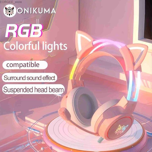 Handy -Ohrhörer Onikuma X15 -Strow -Gaming -Headset mit abnehmbaren Katzenohren RGB Abnehmbares Mikrofon mit PC Mobile Wire Headphone Y240407