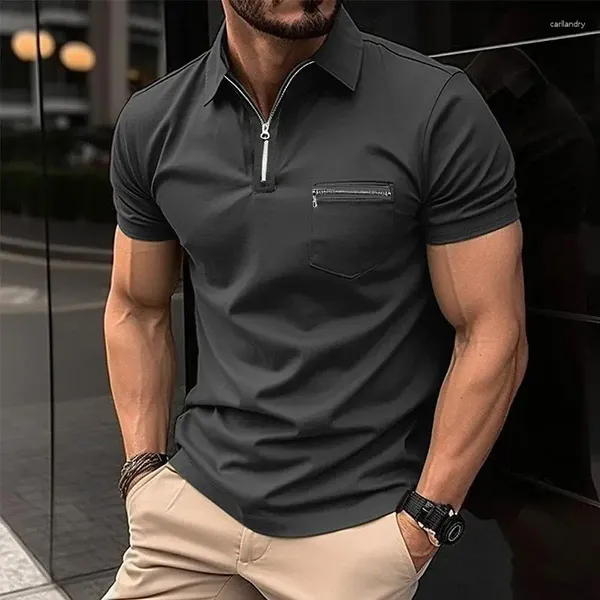 Herren Polos Sommer Mode Reißverschluss Tasche Kurzarm Polo-Hemd T-Shirt Feste Farbe Respel atmungsaktives lässiges Top Kleidung