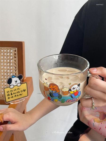 Weingläser Pilze Garten koreanischer Stil Süßes Cartoon Welpe Print Frühstück Tasse Bauch mit Griffglas Kaffee Milch Paar