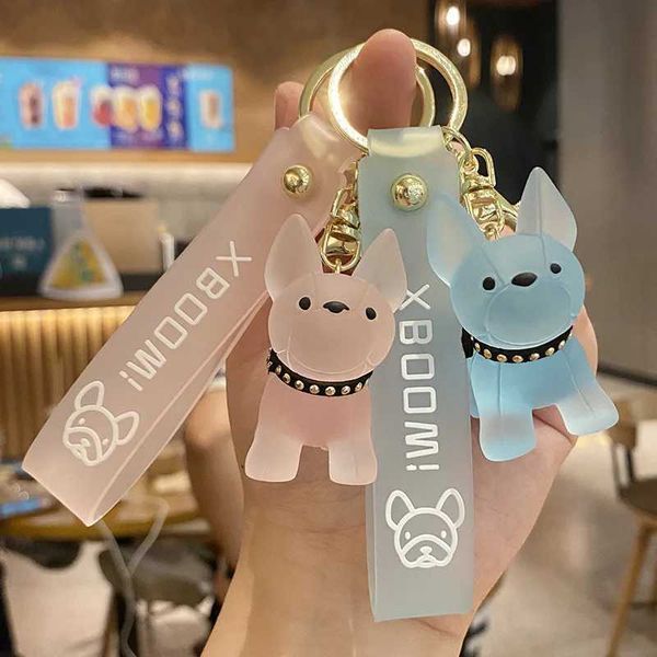 Keychains Lanyards Mode französische Bulldoggenschlüsselkäse Womens Bag Anhänger transparent gefärbter Hund Herren Auto Keyring Weihnachtsgeschenk Q240403