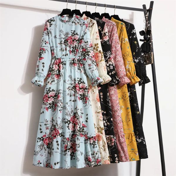 İlkbahar Yaz Kadınları Maxi Elbiseler Vestidoes Şifon Tam Kollu Vintage Baskılı Çiçek Fermuarı Gündelik Uzun Elbise 240329