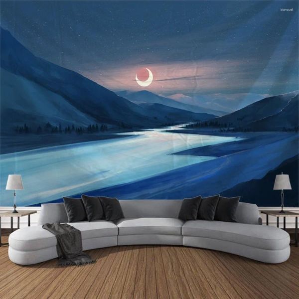 Tapestres paisagem pintura a óleo Tapestry Stars Moon Night Art Wall Decoração de tecido de fundo quarto da sala de estar