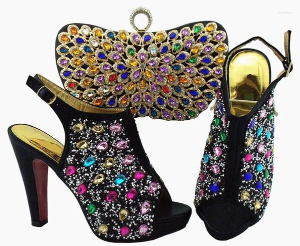 Elbise ayakkabıları güzel siyah kadın pompalar ve renkli kristal dekorasyon ile seti Afrika kibrit çanta qsl005 topuk 12cm