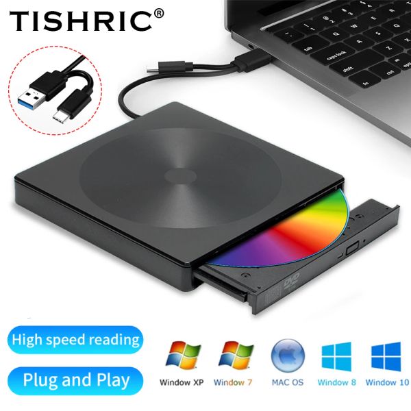 Drives Tishric New DVD RW CD Writer Drive Reader Player USB 3.0 Protocolo de transmissão CD Dridade óptica externa para laptop para PC Desktop