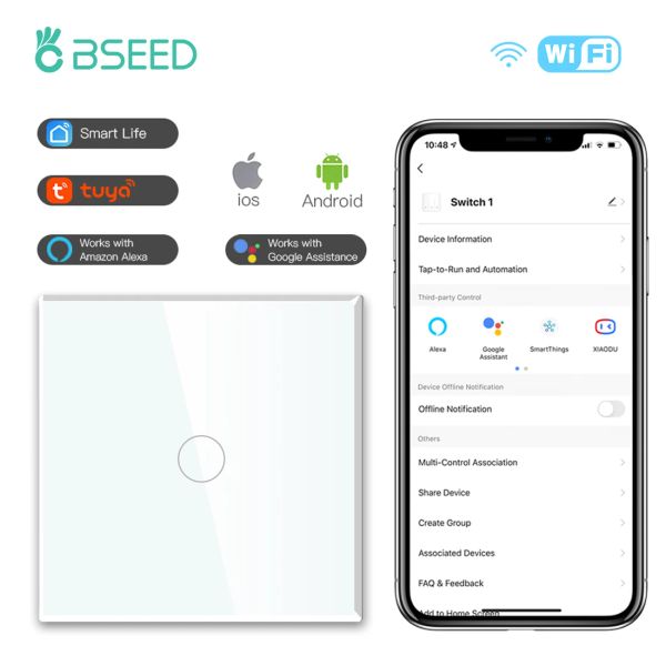 Intercomo BSEED 1/2/3Gang WiFi Touch Interruptor 1/2/3way Switches de luz inteligente Painel de vidro Painel de vidro Tuya Google Smart Life Alexa Alice Controle de aplicativos