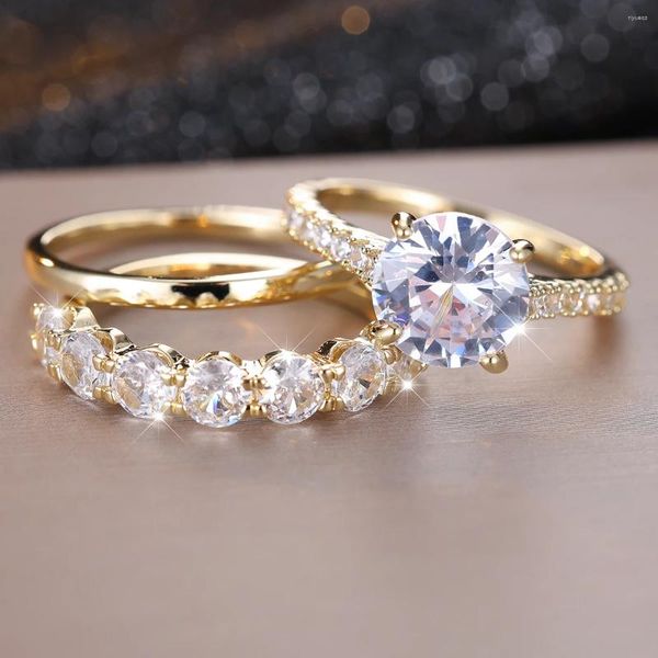 Anelli per matrimoni 3 pezzi Impostazione da sposa di lusso set di anelli sottili per donne in oro color rotonde fasce zirconi bianchi zirconi festaioli