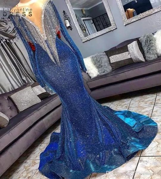 Abiti da festa del ballo con paillettes blu royal con nappe splendenti abiti da sera sirena lunghi abiti da sera formali personalizzati