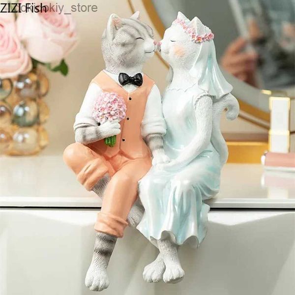 Kunst- und Handwerksharz Tierverzierungen Paar Katze Skulptur Livin Room Dekoration Statue Miniaturen Hauszubehör Handwerk Weddin IFTSL2447