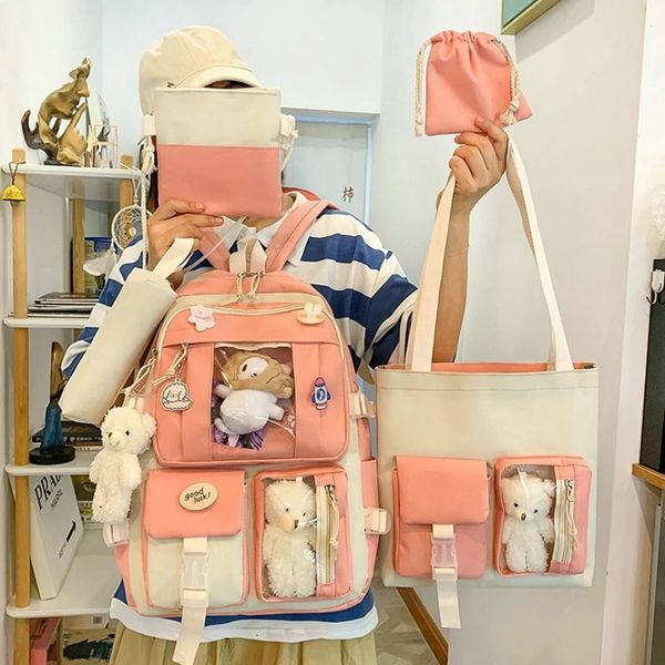 Moda Sets Childrens School Backpack Fofte Womens Bagpack Bookbag Bag para adolescentes para meninas estudantes Rucksack 5pcs 240328