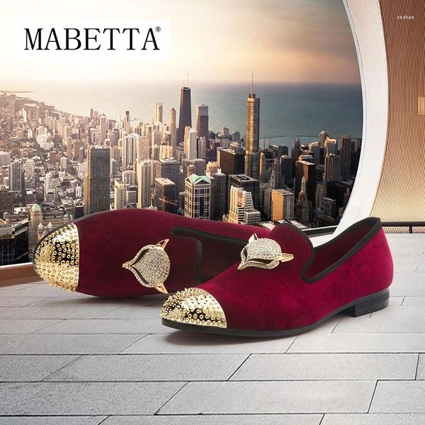 Sapatos casuais Mabetta Men Black Velvet com fivela de crânio e mocassins de estilo britânico de toe de ouro vestido luxuoso