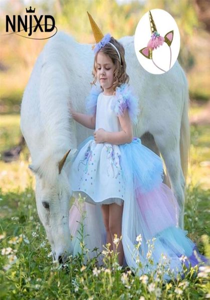 Rainbow Cake Girls Dress Unicorn Dress Long Tail Train Dress Baby Girl Princess Birthday Ball Abito da ballo Abbigliamento Cavallo Banda per capelli LJ25237043