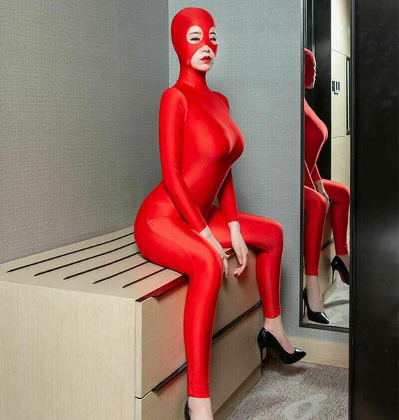 Сексуальная женская леди Lycra Bodysuit Unitard Zipper Zentai Компьют комбинезон с капюшоном с закрытыми открытыми глазами