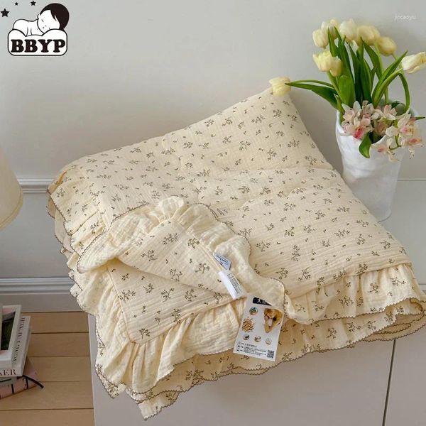 Decken gekräuseltes Baumwollkoreanische Babykrippe Bettwäsche Set Rose Blumendruck Musselin Bettwäsche