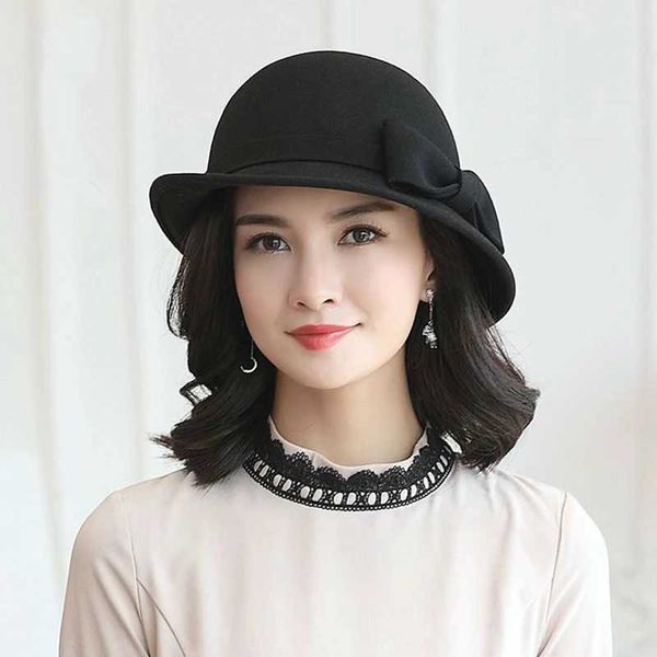 Chapéus largos Bucket Mãe Presente Mulheres Inverno 100% Lã Felta Cloche Lady Lady Elegant Ap-virurn Bowknot Fedora Hat Q240403