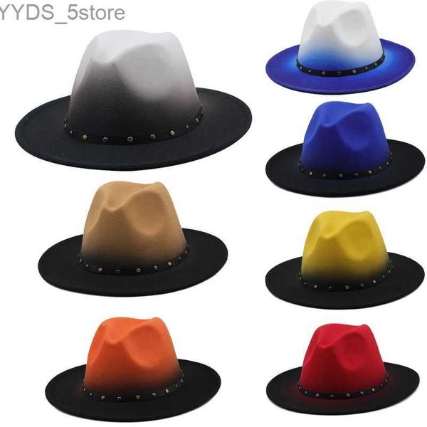 Chapéia larga gradiente de balde cor corante de tie fedora unissens feminino lã artificial mistura de feltro hat festa trilby igreja de jazz yq240407