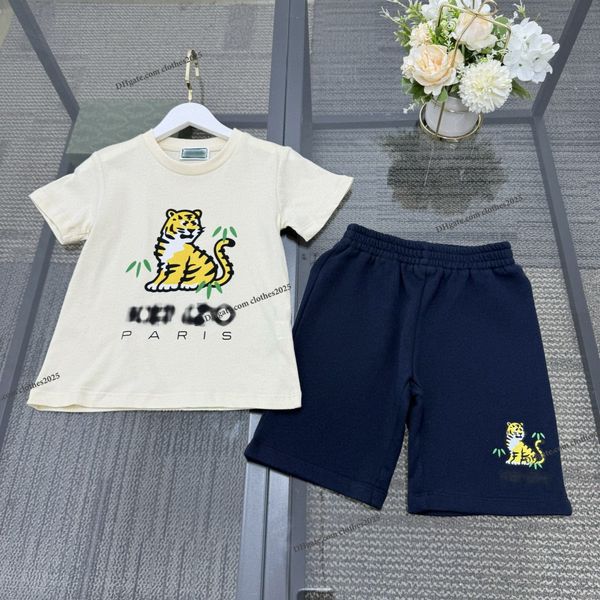 Kids Set Kid Designer Sets für Baby Kurzarm T-Shirt mit gelben Tigern Print Shorts Set Anzug Brand Jungen Kleidung Baumwolle 90-160 Weißblau Neues Stil Kleidungsstücke