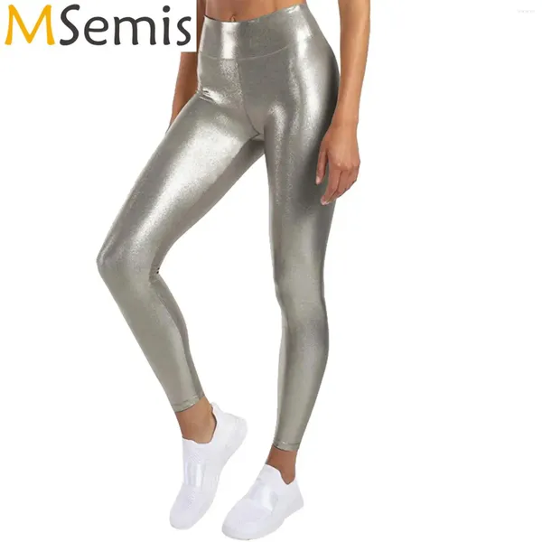Активные брюки женская йога чистого цвета плотные высокие талии с широким эластичным поясом, бегающий трусцой, блестящие металлические эластичные леггинсы