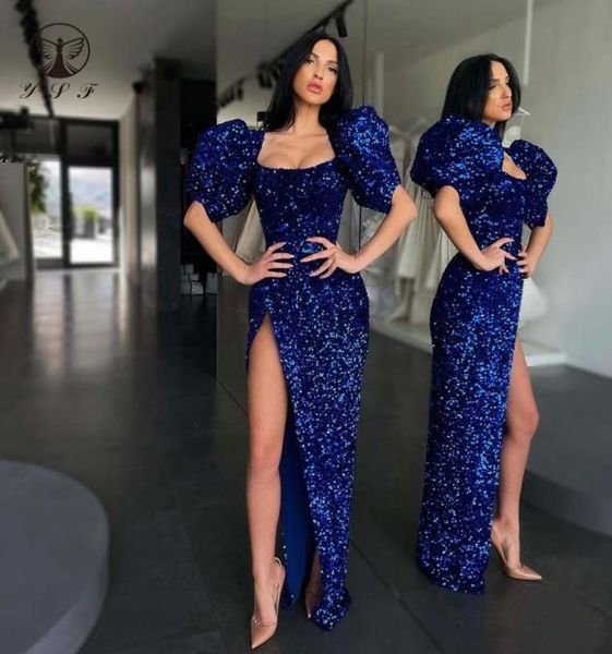 2021 vestidos de baile azul real vestidos quadrados bainha de manga curta alta da fenda alta comprimento de laca de laca de laca do piso GOWN5285774