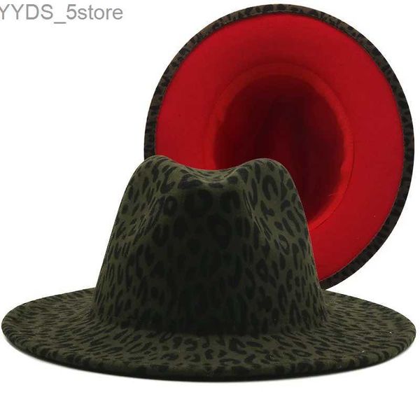 Ampia brim Hats Weart Army Green Leopard Red Bottom Fedora Womens Wool Felt Hat Mens Party Trilby Jazz Church Patch Work Panama YQ240407