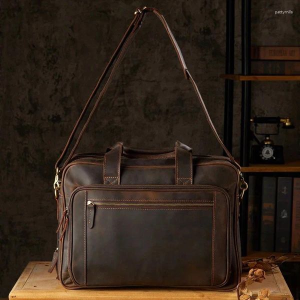 Briefzüge handgefertigte verrückte Pferdeleder Handtasche Echtes Kapazitätsbeutel Männer Business Cowide Crossbody Vintage Aktentasche