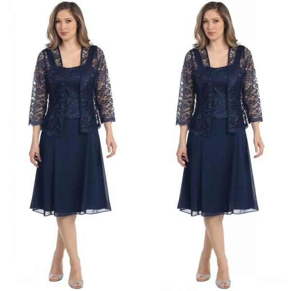 Abiti in chiffon blu navy plus size maniche lunghe Mother of the Bride Abiti con abiti da sera formali per la giacca Mother Drese