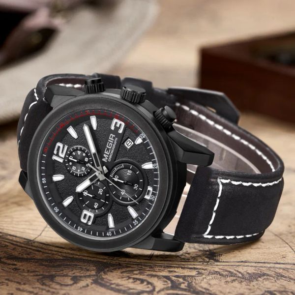 Смотреть Megir Fashion Sport Watch Men Men Brand Warristatch Men Quartz Watch The Chronograph Chote Leather Band военные запястья часы