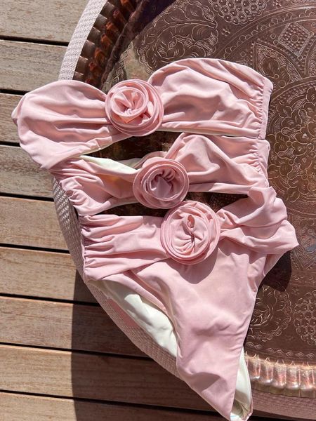 Kadın Mayo Seksi 3D Çiçek Bandeau Mayo Tek Parça İçi Boş Büzgü Bikinis Yüksek Bel Tong Mayo Takım Biquini