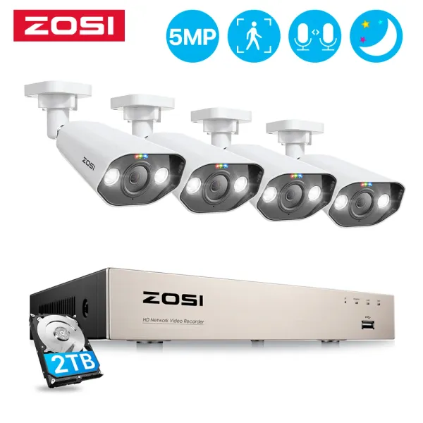 System Zosi 5MP POE Videoüberwachungssystem Zwei -Wege Audio 8ch H.265 NVR Kit IP66 Outdoor Bullet IP -Kamera -Überwachungskamera Set