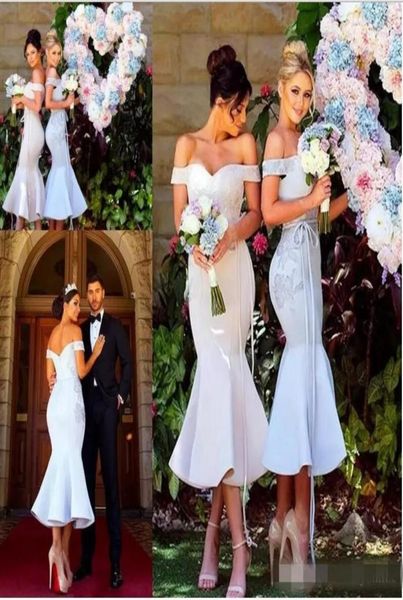 Abito da damigella d'onore Offshoulder Maniche con tappo a doppio torno e abiti da sposa a sirena lunga sirena Appliques abito da ballo 77734777