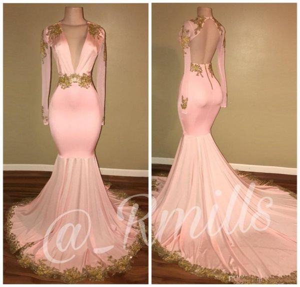 Neues Design Pink Prom Kleider Abend Kleidung Langarm Offener Rückenspitzen Applique Deep V Hals Party Kleider Sweep Zug Langes Abschluss 5860370