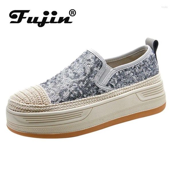 Kleiderschuhe Fujin 4cm Synthetic Strick Plattform Keilflats Casual Bling Leder Comfy High Brand Frühling Herbst Sommer Mode