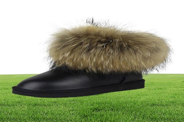 Top Fashion Natural Big Gneuine Leder Frauen Schneestiefel warme Winterstiefel Slipon -Knöchel weibliche Waschbär 2607359