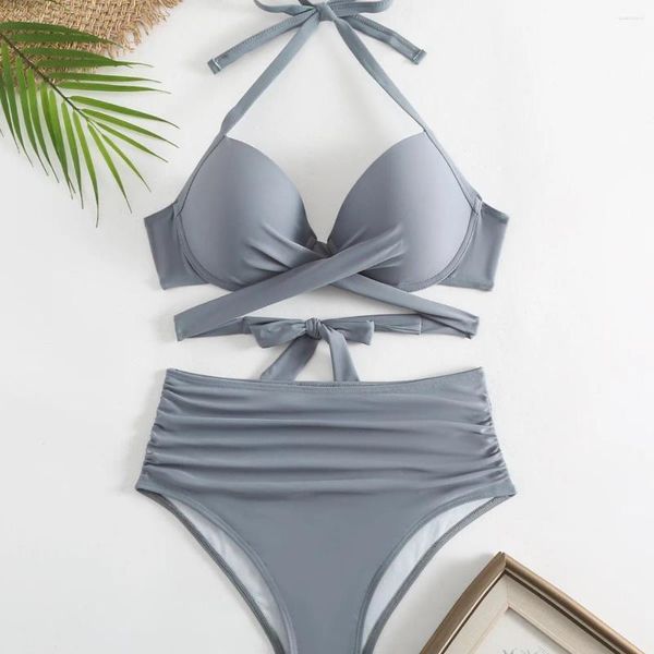 Costumi da bagno femminile grigio push up bikini 2024 Biquini brasiliano Biquini alto costume da bagno con costume da bagno taglio costume da bagno Monokini femminile