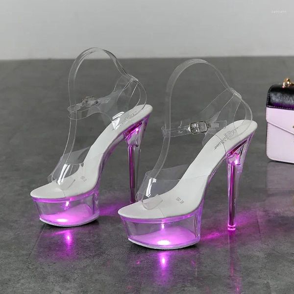 Сандалии 2024 34-43 Сексуальные супер высокие каблуки светящиеся стильтто прозрачная модель Crystal Shoes Свадьба 15 см.