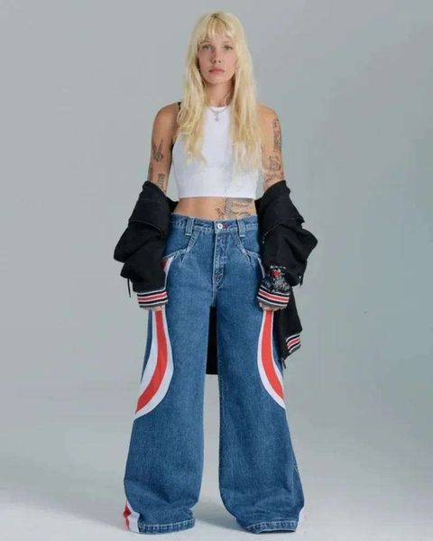 Jnco women's jeans jnco y2k womens striscia motivi ipnotici pantaloni di denim larghi harajuku hip hop hop high wil wid gambe streetwear 802