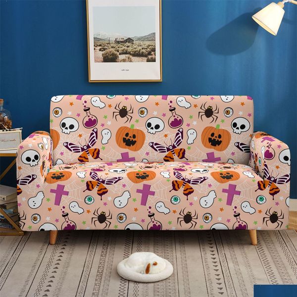 Stuhlabdeckungen Halloween Kürbisabdruck Couch er weicher dehnbarer Sofa Slitter Polyester Waschbarer Möbelschutz für Wohnzimmer Bedro Dhhua