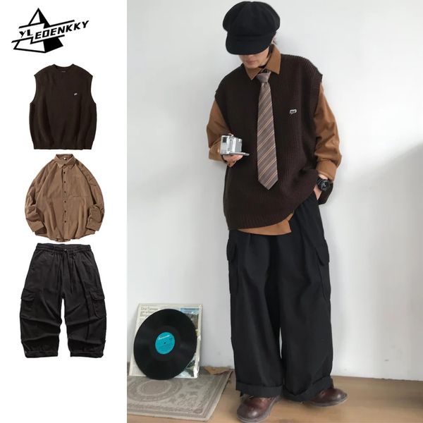 Set invernale autunnale Uomini Donne High Street Knit gilet maglione harajuku Shirt vintage Shirt hip hop pantaloni da carico casual a tre pezzi 240327