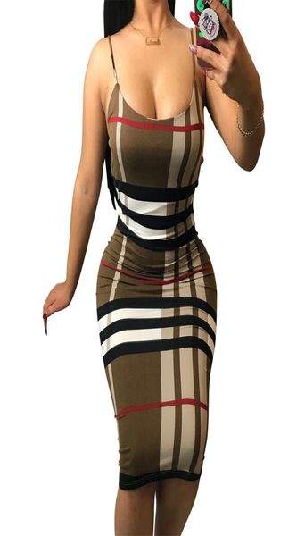 2020 Sommer Frauen Knie Länge Kleider kar Plaid Priint Bodycon Kleid Multi Designer Spaghetti -Träger Slim Club Party Cocktail Kleid S7992403