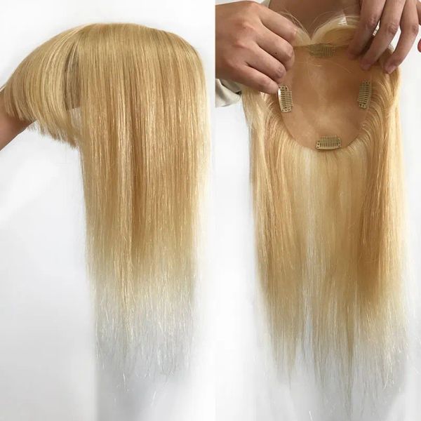 Toppers loira #613 cor de cabelo virgem de cor virgem pura com choques naturais de franja em calcedes para mulheres cobrem perda de linha de cabelo cinza