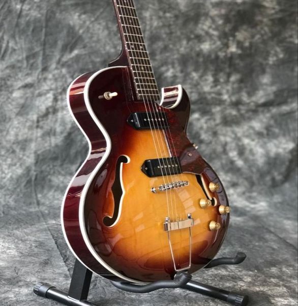 1956 ES 140 Vintage Sunburst Semi Hollow Body Guitar Electric Guitar 34 Tamanhos de curta escala Furos duplos f preto p 90 captadores com Ear8436223