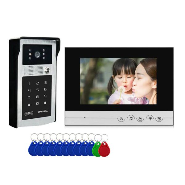 Interfone de 7 polegadas de vídeo com fio por porta de telefone com campainha com campainha rfid sistema de controle de acesso à câmera HD de câmera