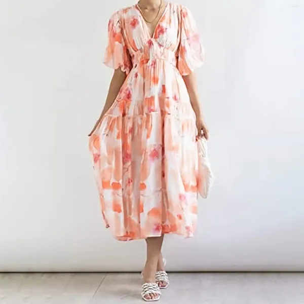 Lässige Kleider Blumendruck Maxi Kleid Langarm Boho gegen Nacken Halbärmel Cocktail Plussize für Frauen Robe