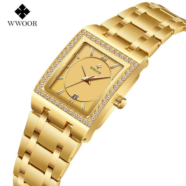 Wwoor Grip Love Diamond Waterproof Square Acciaio Acciaio Quarzo Liisure Fashion Women's Watch 8858