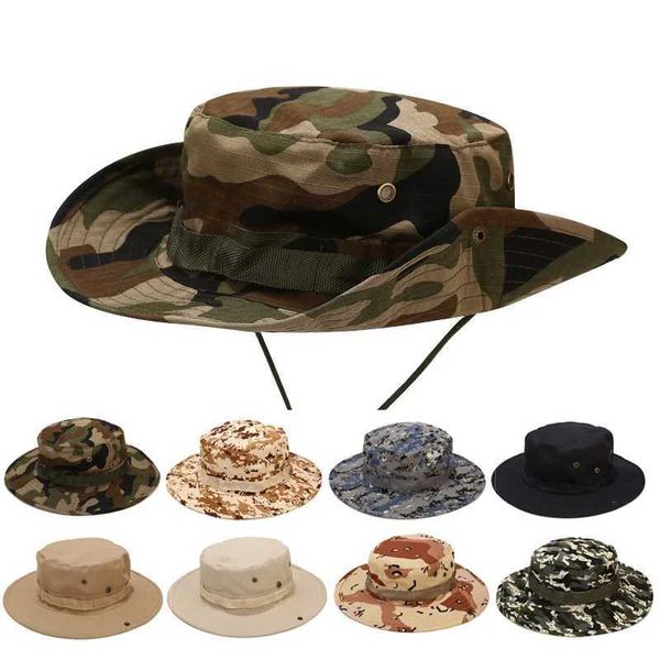 Top Caps Kamuflaj Bonnie Hat Mens Taktik Askeri Kova Panama Yaz Av Yürüyüş Açık Güneş Koruma Q240403